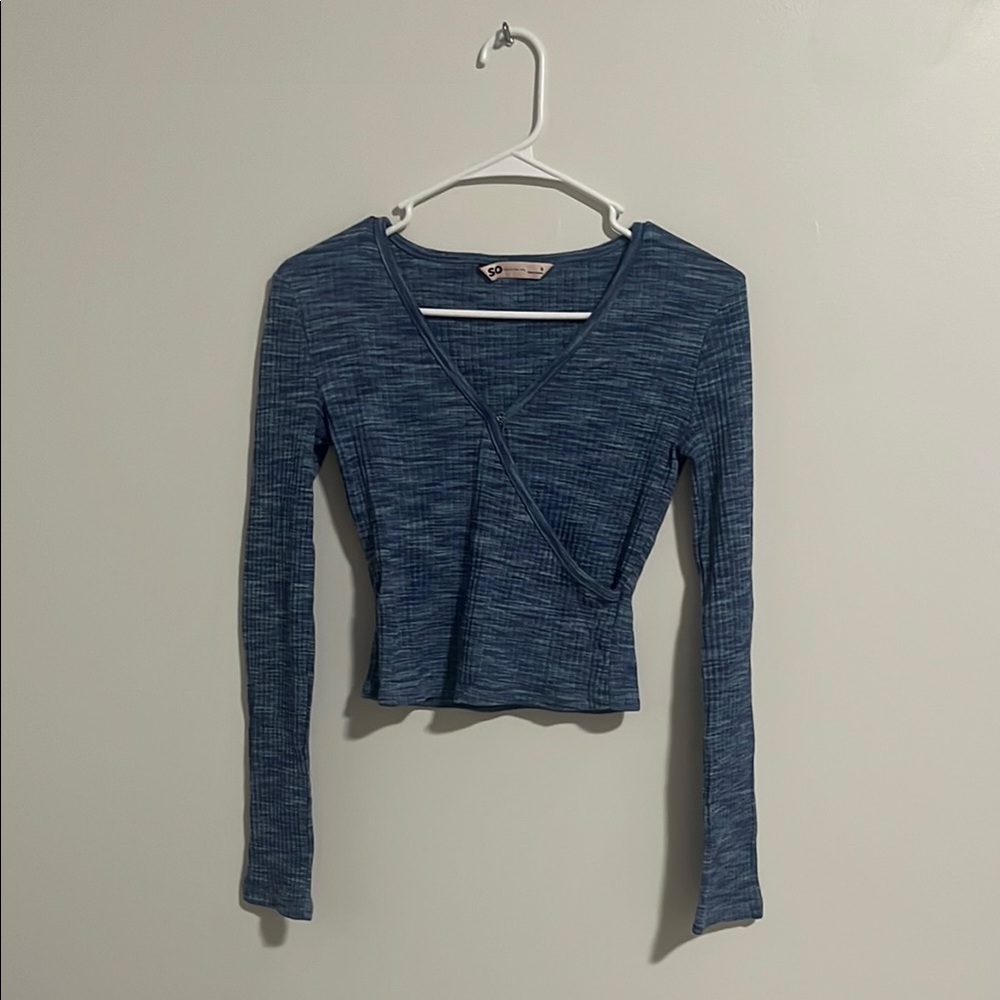 SO Blue Long Sleeve Wrap Crop Blouse